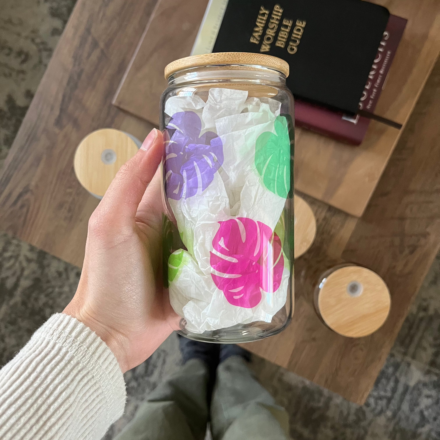 Monstera Colorful Clear Glass Can (16 Ounce)