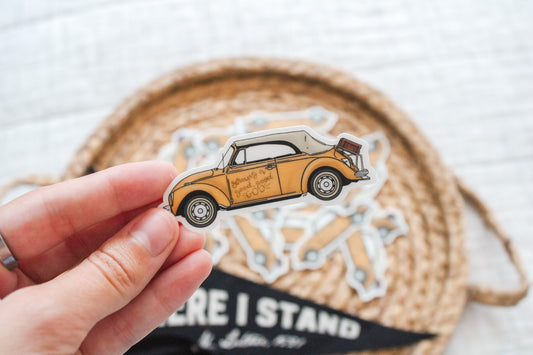 VW Bug Vinyl Sticker - Serving a Good, Good God - 3" Clear Sticker