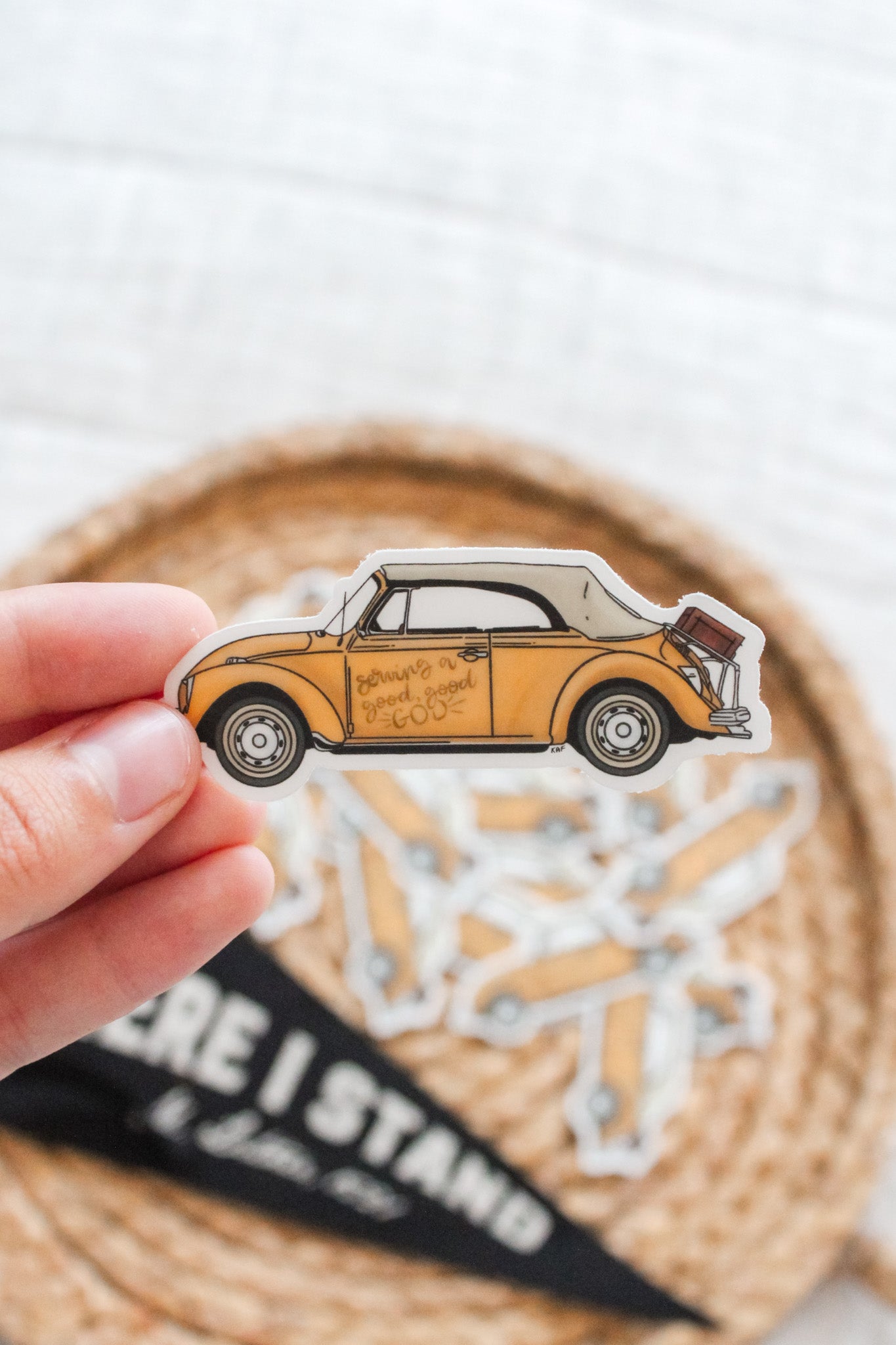 VW Bug Vinyl Sticker - Serving a Good, Good God - 3" Clear Sticker