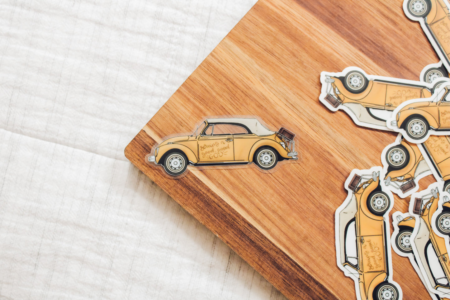 VW Bug Vinyl Sticker - Serving a Good, Good God - 3" Clear Sticker
