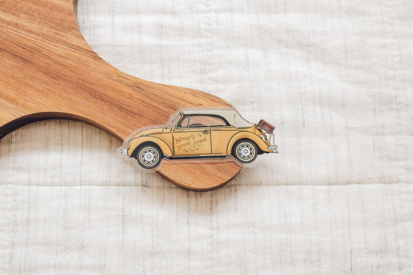 VW Bug Vinyl Sticker - Serving a Good, Good God - 3" Clear Sticker