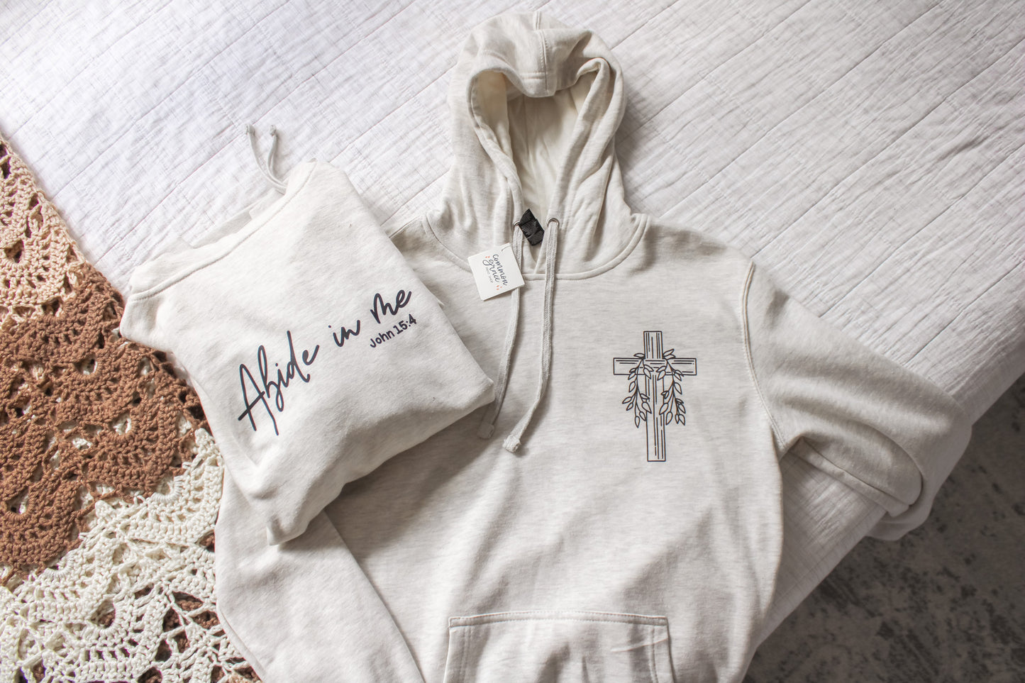 Abide in Me Hooded Sweatshirt (Color: Heathered Oat)