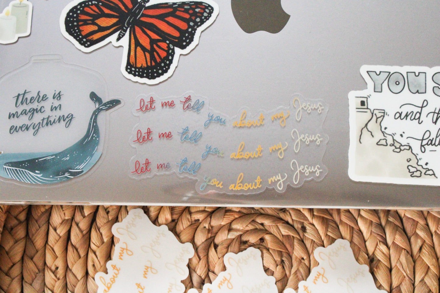 Let Me Tell You About My Jesus Sticker, 4" wide