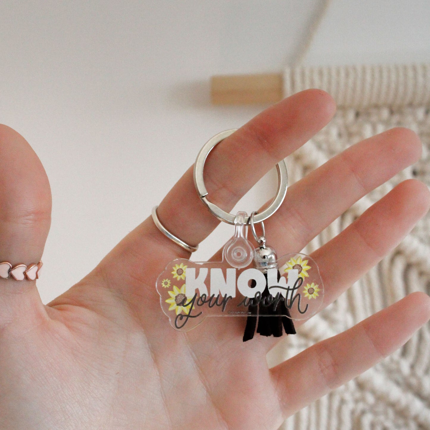 Know Your Worth Sunflower Acrylic Keychains with Handmade Tassel
