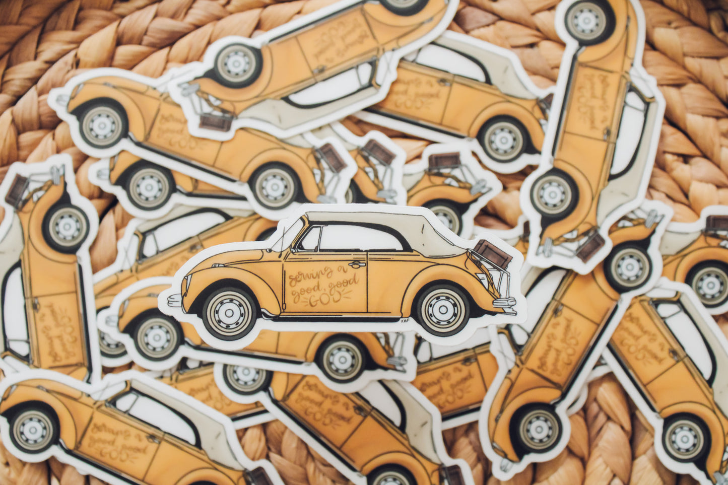 VW Bug Vinyl Sticker - Serving a Good, Good God - 3" Clear Sticker