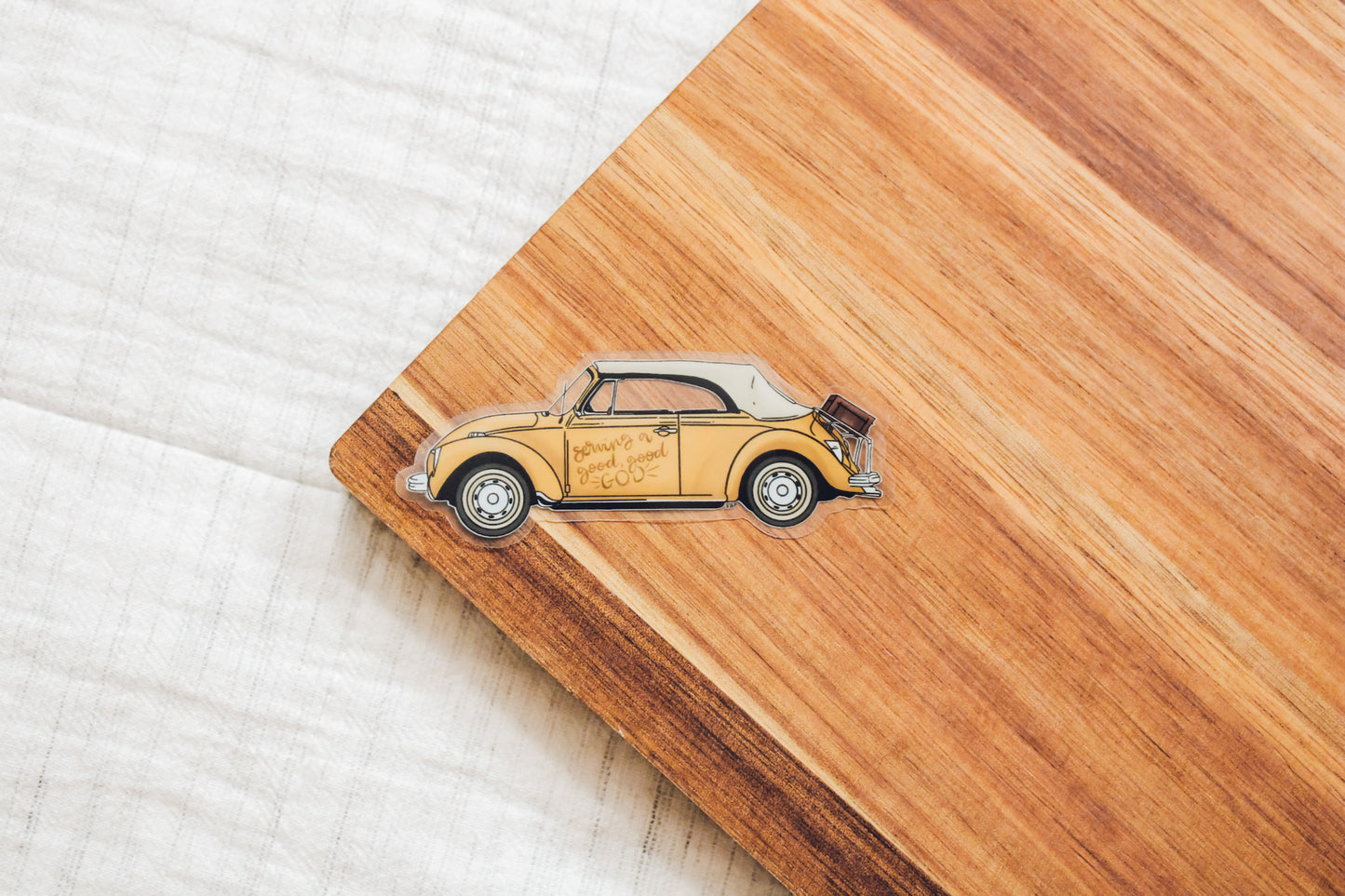 VW Bug Vinyl Sticker - Serving a Good, Good God - 3" Clear Sticker