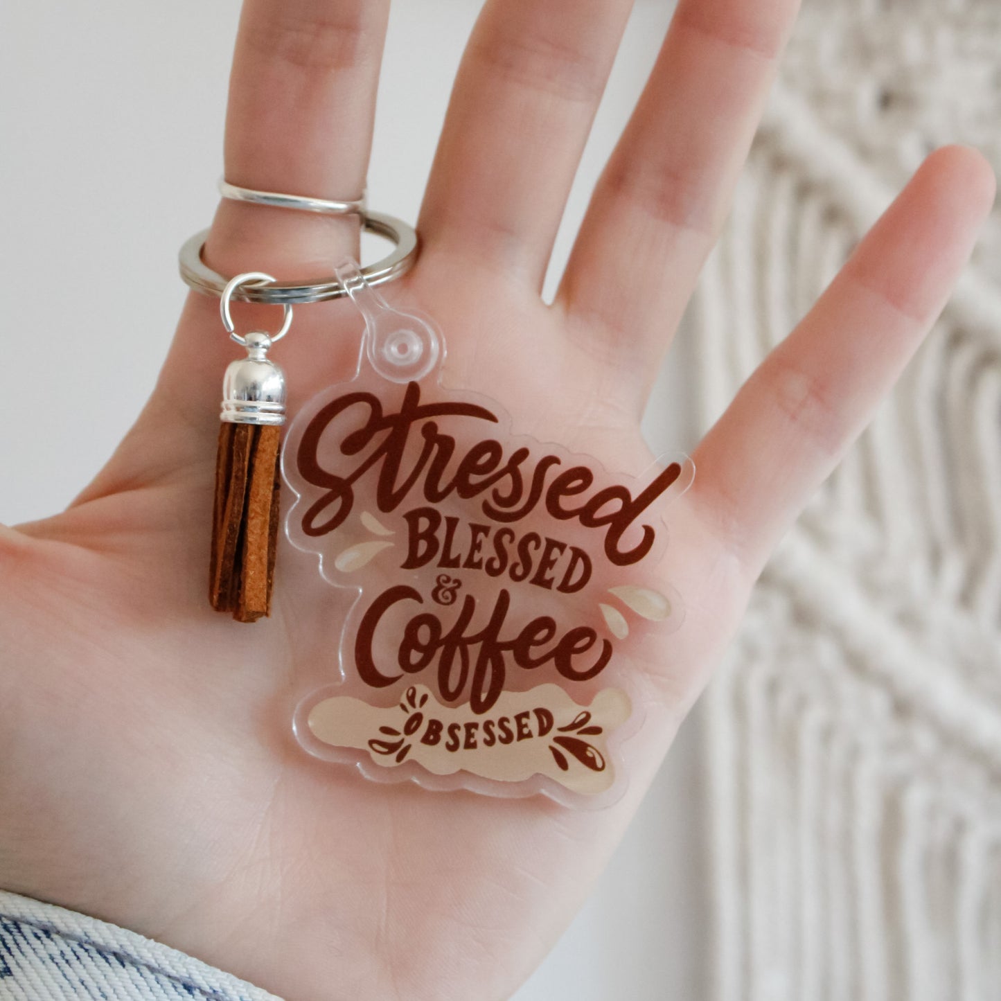Coffee Obsessed Acrylic Keychain with Tassel