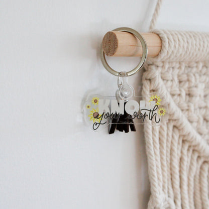 Know Your Worth Sunflower Acrylic Keychains with Handmade Tassel