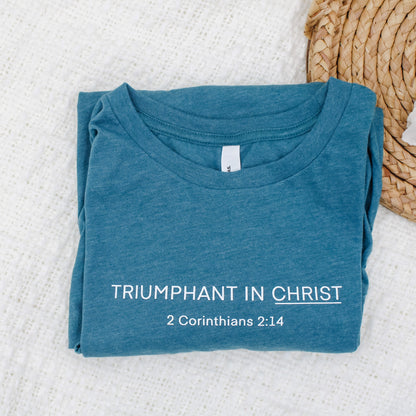"Triumphant in Christ" UNISEX Long-Sleeve T-Shirt (Color: Heathered Teal)